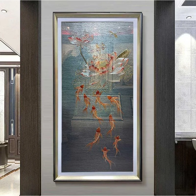 九鱼图入户玄关装饰画竖版九龙鱼挂画聚财招财玄关画壁画过道走廊