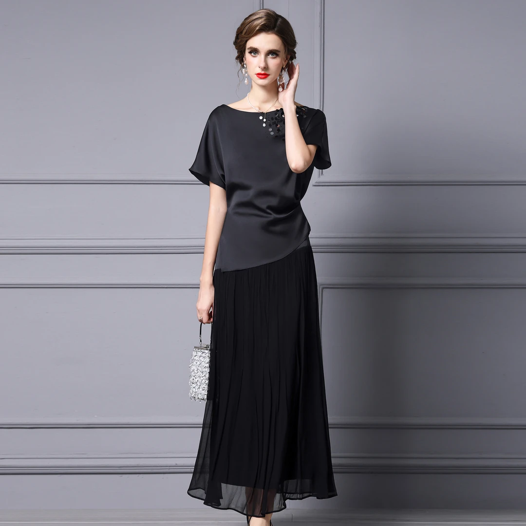 枝荔黑色裙子套装女时尚洋气时髦轻奢高级感仿醋酸珠片短袖2025夏