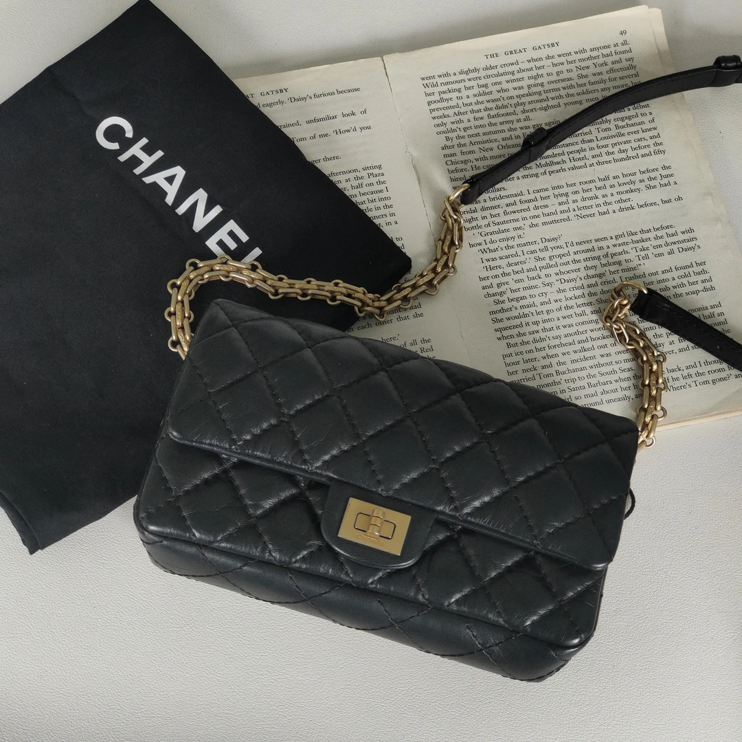 95新 Chanel/香奈儿 Azul - 黑金复古牛皮2.55腰包 43189