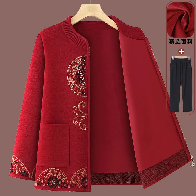 2025中老年妈妈装秋冬加绒加厚开衫针织毛衣外套奶奶春秋立领上衣