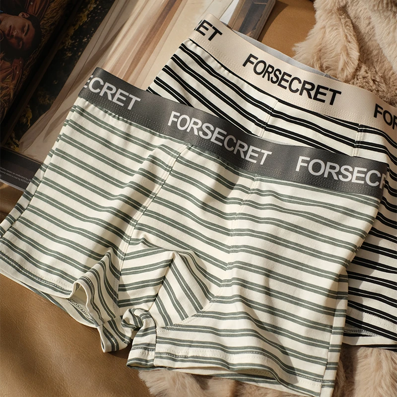 品彩运动潮流条纹男生平角四角裤透气纯棉中腰男士内裤学生青少年