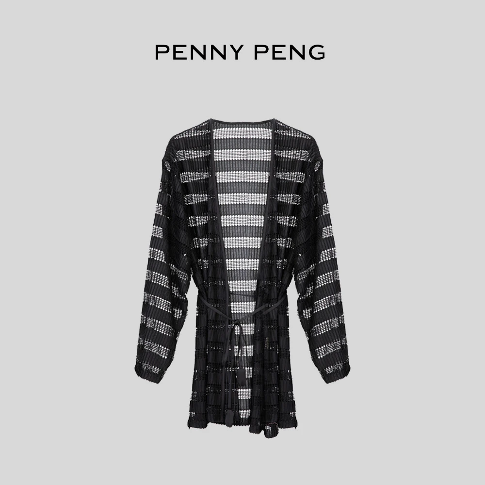 PENNY PENG仲夏夜【现货】小香风设计师宽松早春镂空条纹中长款开衫
