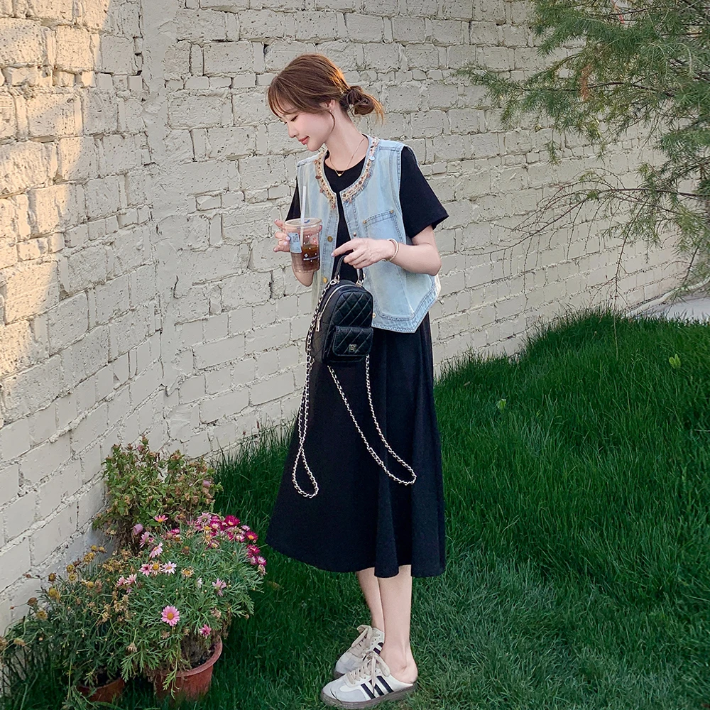 韩版气质甜酷风干练T恤连衣裙套装女2025夏季新款牛仔马甲两件套