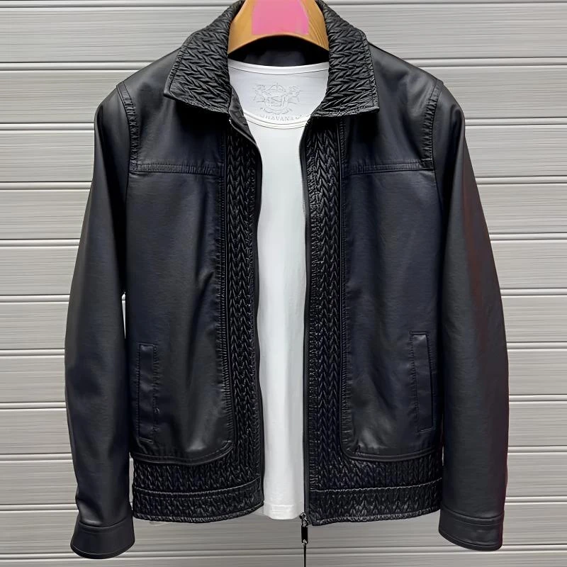 春季新款皮衣夹克男士麦穗拼接时尚高档翻领潮流痞帅修身青年上衣