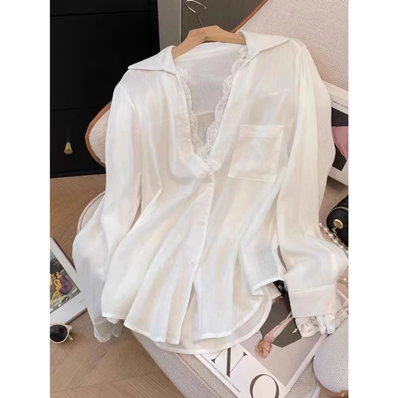 假两件衬衫女夏季高级感中长款蕾丝防晒衬衣A11143