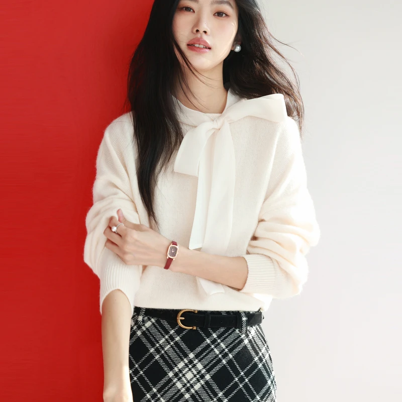伊芙丽法式飘带领设计感气质针织衫女冬季1FC935501