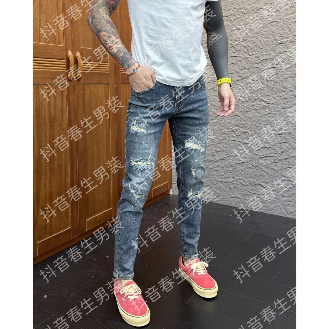 2025秋冬新品时尚休闲百搭净版复古蓝假破洞男士小脚牛仔裤1588