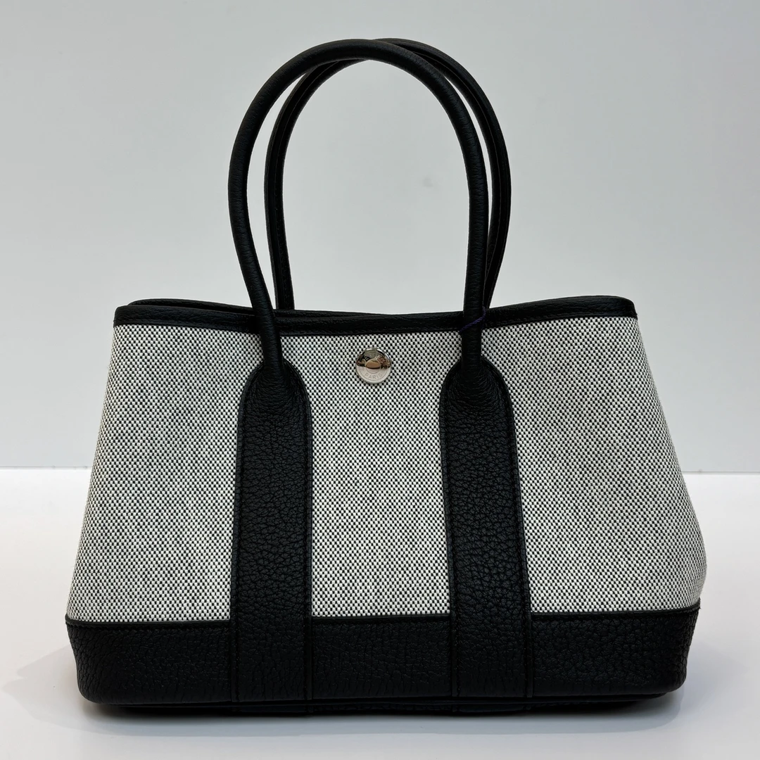 99新 Hermes/爱马仕 帆布熊猫色拼皮mini花园23手提包 91794