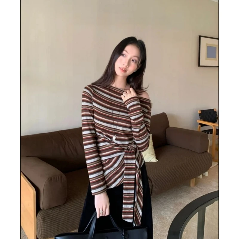复古风韩系松弛感撞色一字肩打底衫条纹不规则绑带女长袖上衣T恤