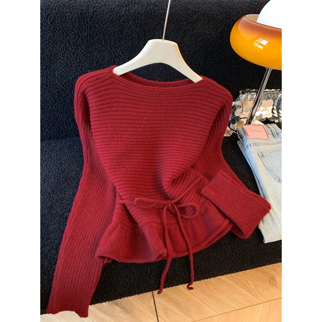 韩系温柔风荷叶下摆系带设计感针织衫女2025秋冬红色新年软糯毛衣