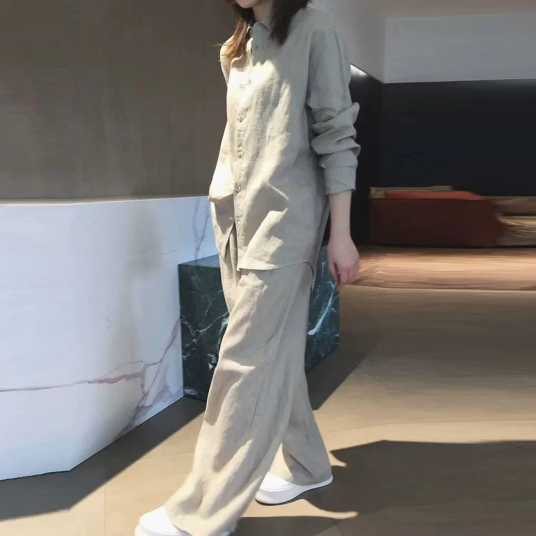 老钱风时尚套装夏季遮肉显瘦藏青色慵懒宽松衬衫阔腿休闲裤两件套