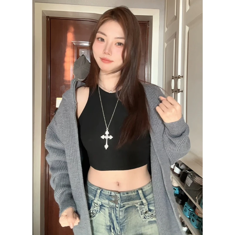 灰色立领开衫毛衣男秋冬款美式复古针织拉链线衣cleanfit夹克外套