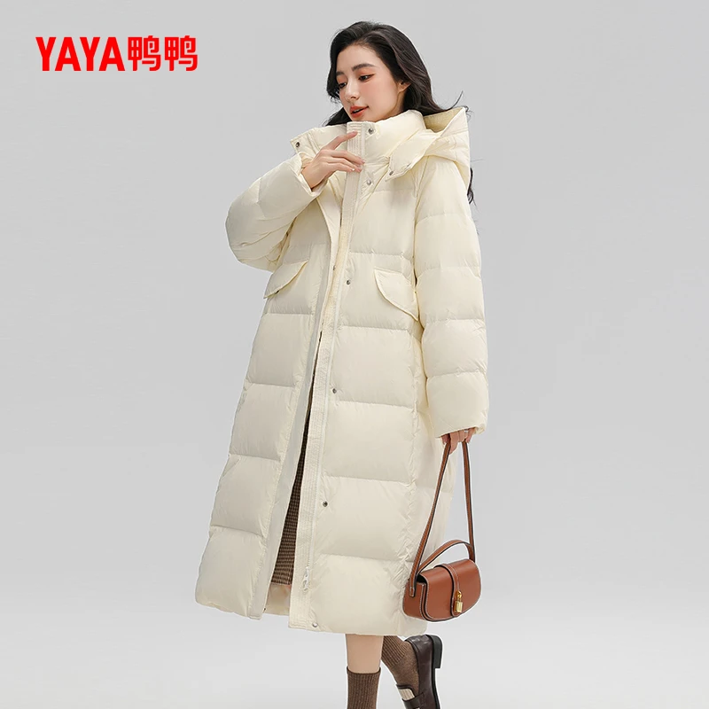 YAYA/鸭鸭过膝90绒时尚简约连帽保暖冬加厚长款羽绒服YE3B608321A