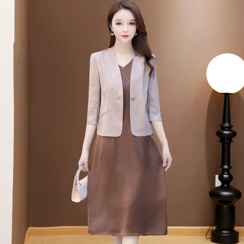 气质优雅两件套连衣裙女2025年夏季新款洋气时尚修身妈妈装裙子