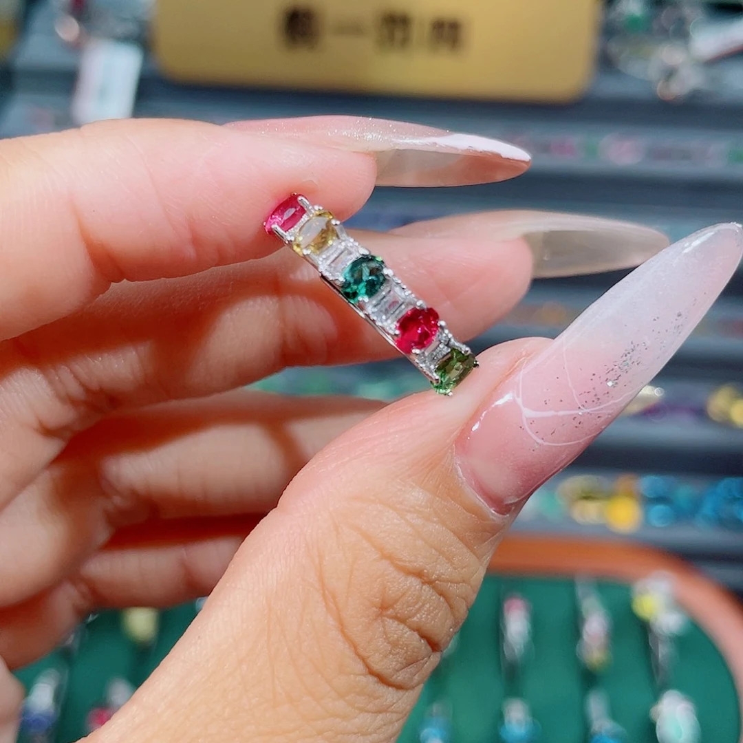 碧玺戒指银S925镶嵌彩碧玺戒指
