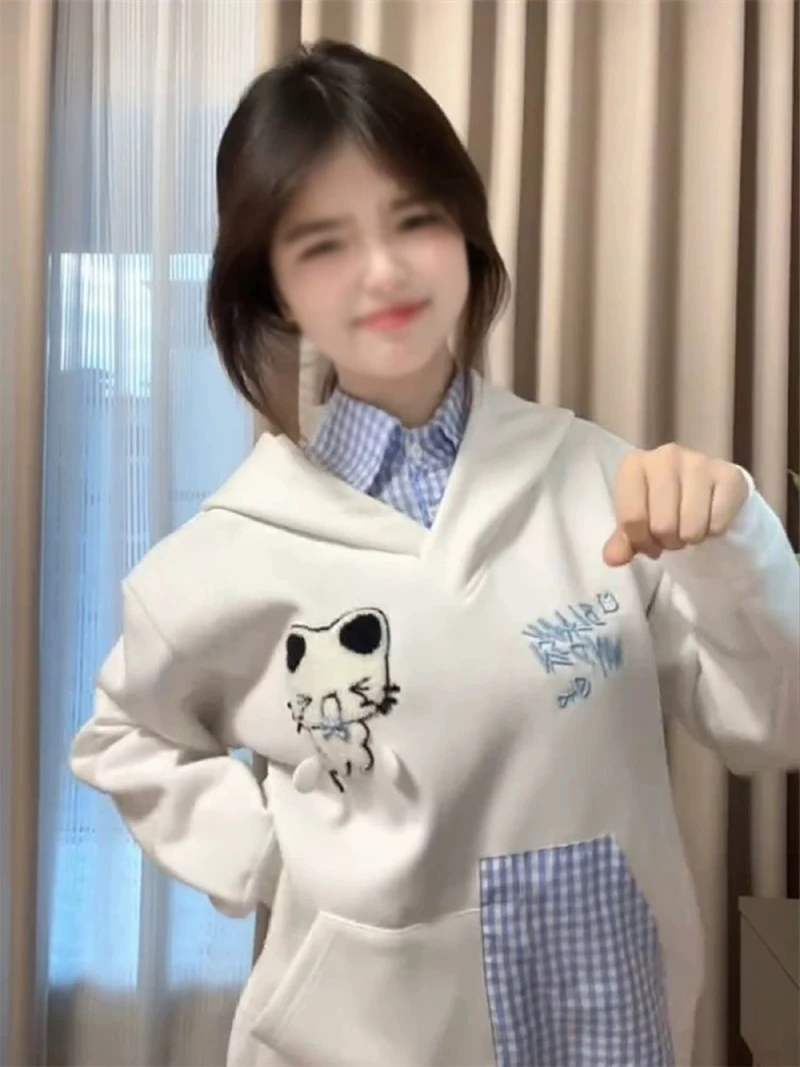 纯棉假两件国潮牌小猫刺绣拼接连帽卫衣女美式慵懒风春秋宽松外套