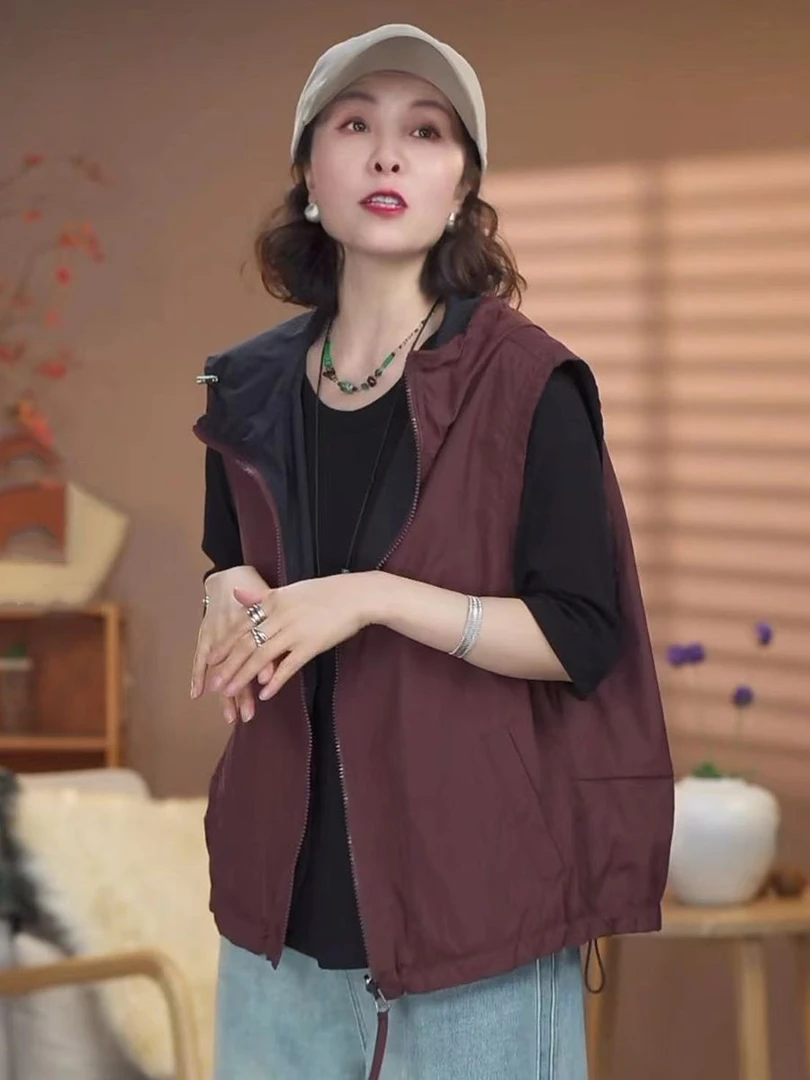 两面穿设计款连帽马甲女2025年春夏新款休闲时尚百搭无袖轻薄马夹