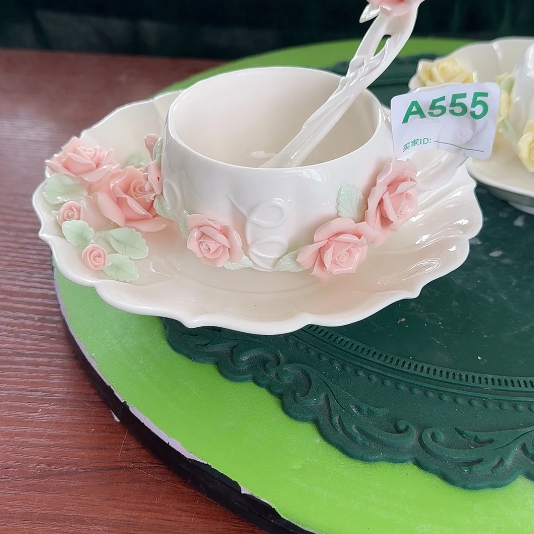 手工捏花玫瑰花咖啡杯碟加勺子