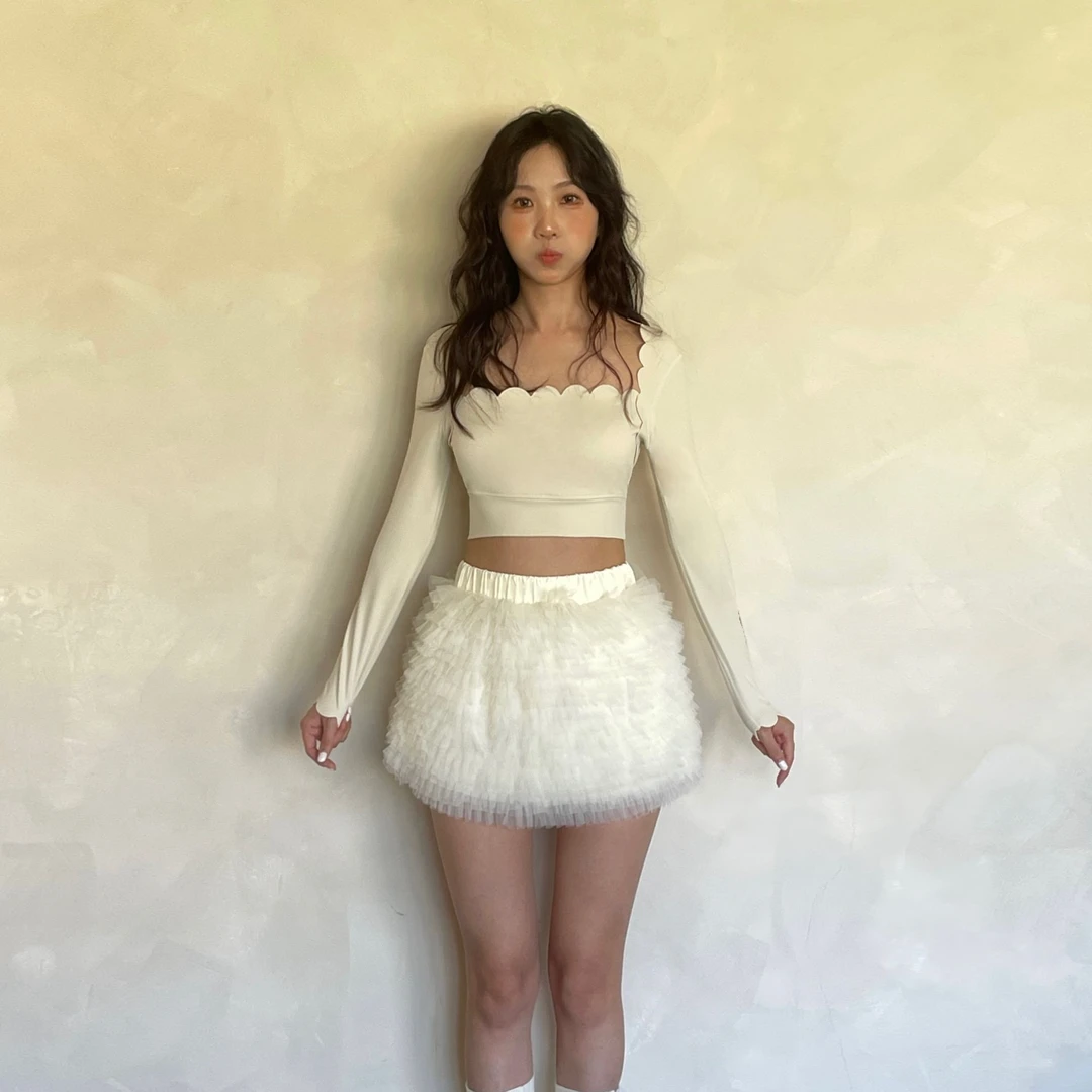 kokoyaya网球服运动套装白色半身裙网纱瑜伽服上衣长袖健身春秋季