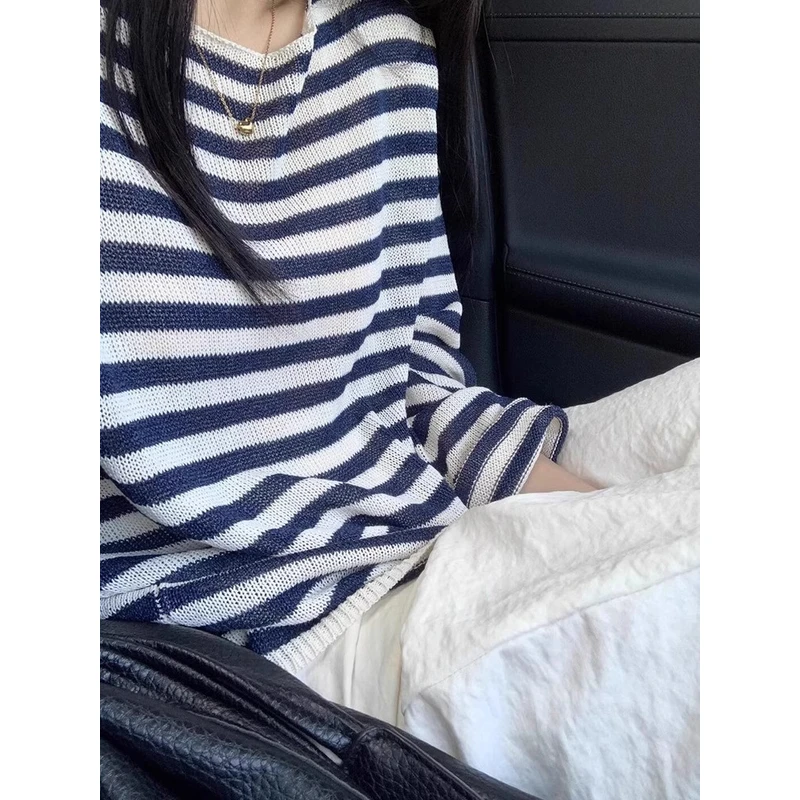 网红时尚条纹冰丝针织防晒罩衫女装夏季轻薄宽松慵懒风空调衫上衣