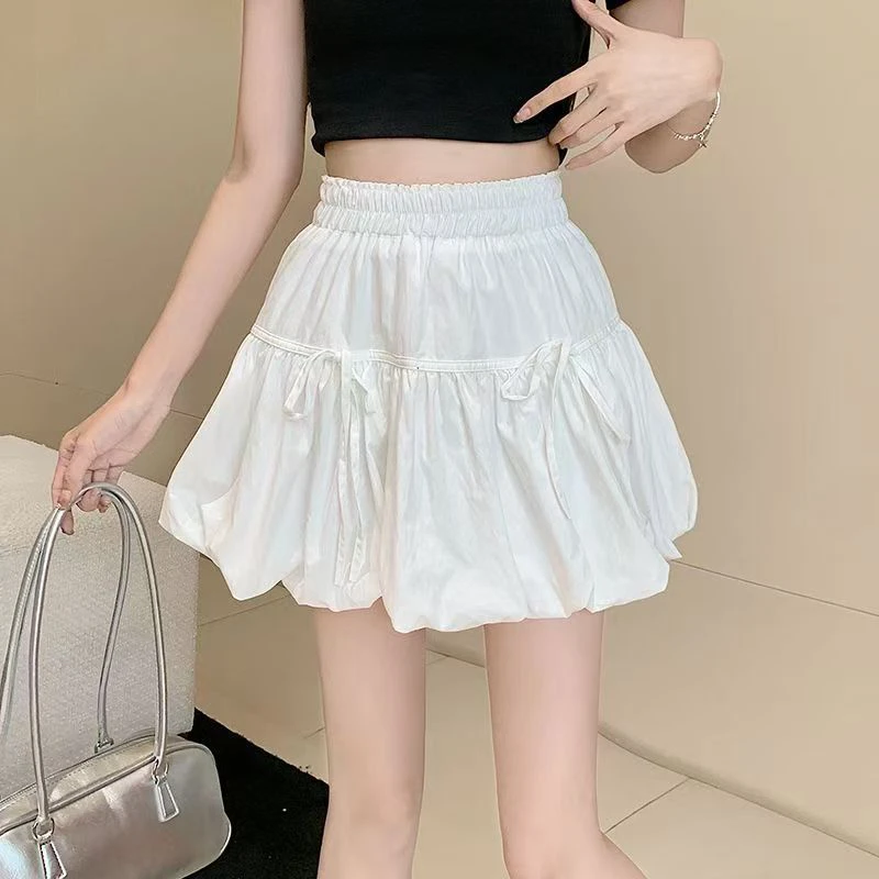 夏季甜美蝴蝶结绑带高腰A字白色蓬蓬半身短裙