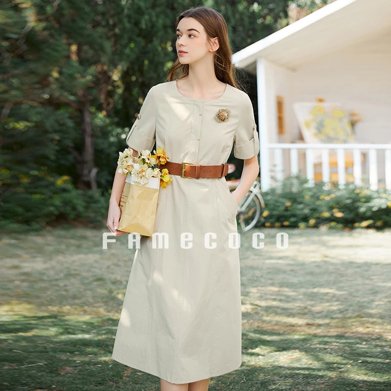 Famecoco范可儿气质简约高级感连衣裙直筒中长裙附腰带FAB3FA029