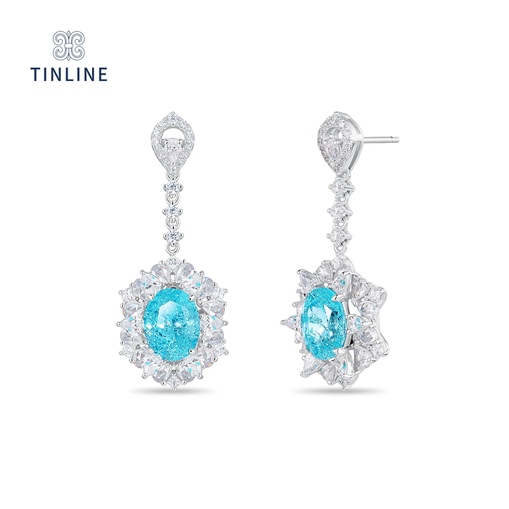 TINLINE 培育蓝宝石「凝霜」耳坠培育冰裂纹帕拉伊巴7克拉轻奢简约