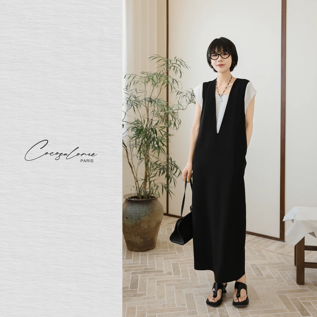 韩彬彬"贵妇黑裙"醋酸叠穿设计缎光夏季宽松抗皱显瘦1798-7