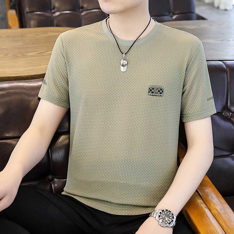 路约威格男士夏季速干短袖T恤圆领潮流青年格子冰丝网眼透气半袖