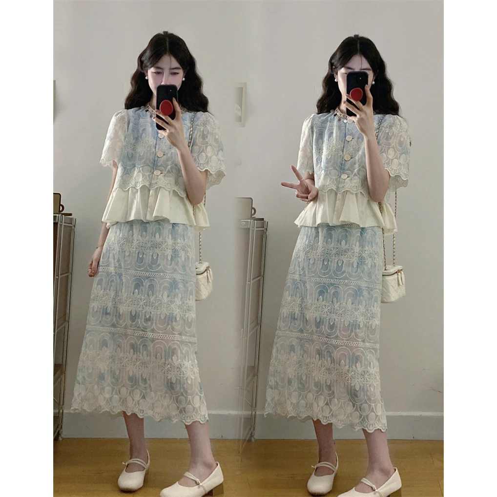 大码夏季新款设计感蕾丝重工刺绣亮片上衣宽松半身裙气质两件套