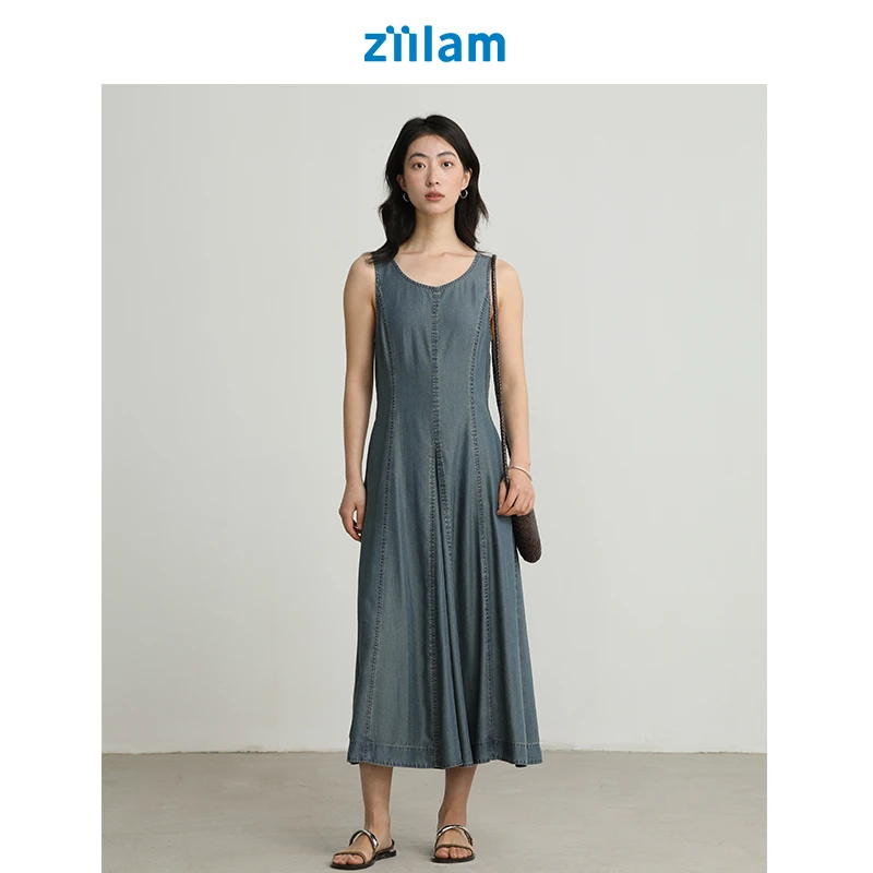 ziilam枝蓝 无袖牛仔连衣裙女莱赛尔蓝色A型简约吊带连衣裙夏季