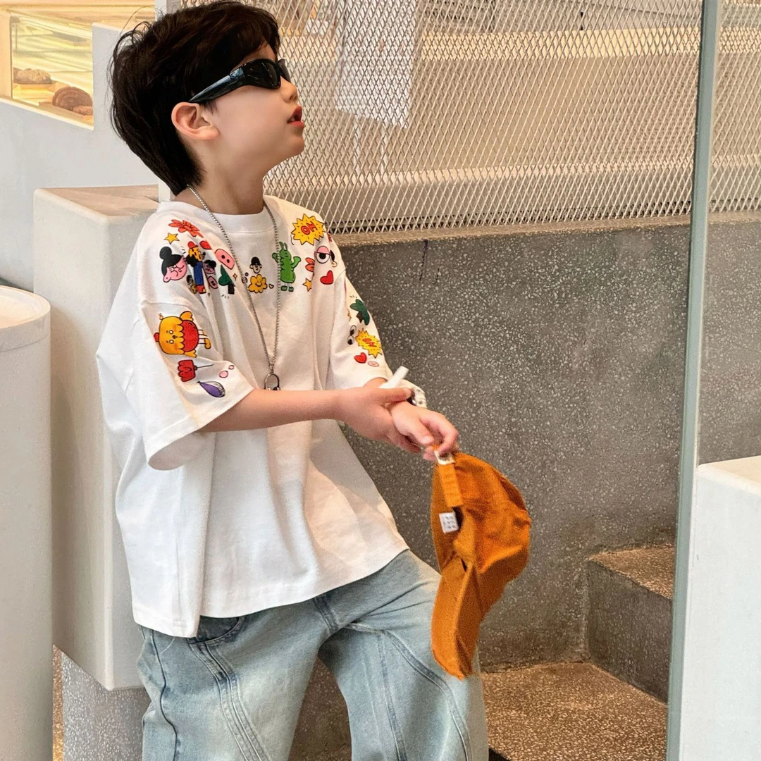 男童新款短袖T恤韩版女童卡通印花宽松休闲儿童上衣百搭纯棉洋气