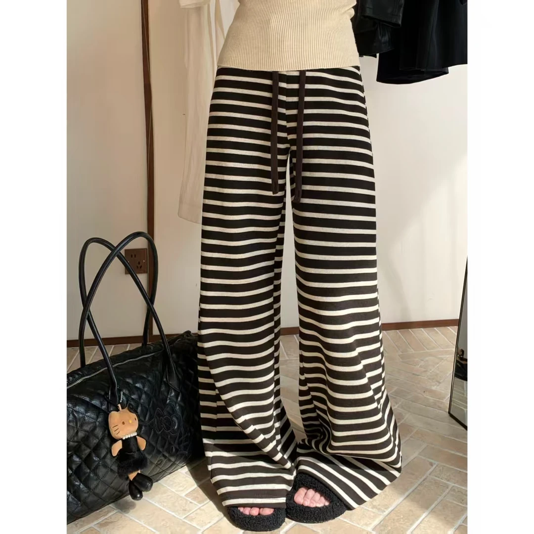 H1003【松弛主义】秋冬新款抽绳休闲宽松慵懒条纹阔腿裤子