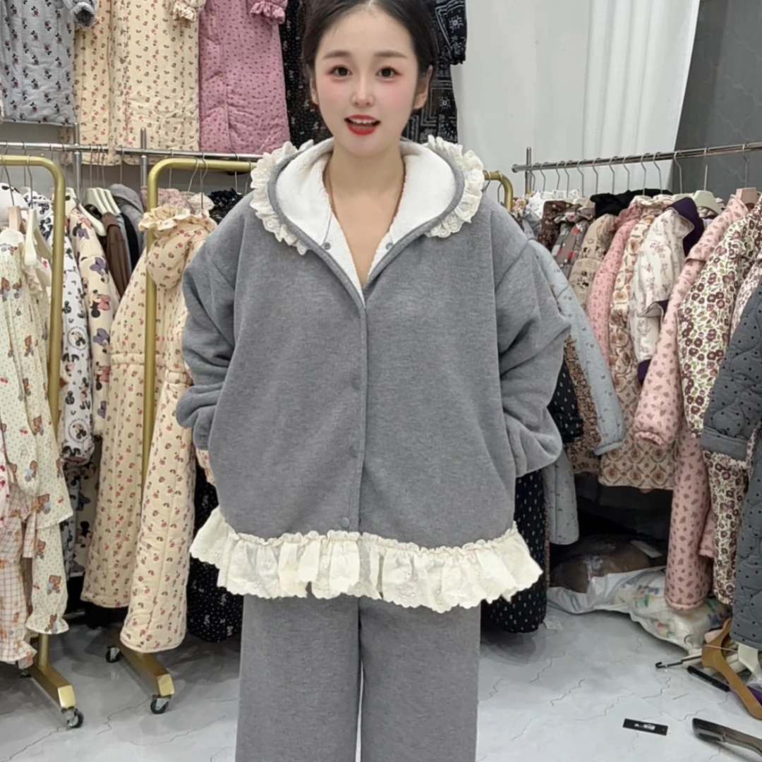 灰色连帽花边下摆套装家居服