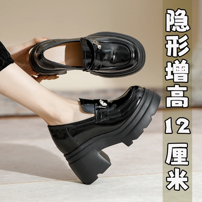 12CM黑色厚底乐福鞋内增高一脚蹬蝴蝶小皮鞋英伦风复古单鞋高跟鞋