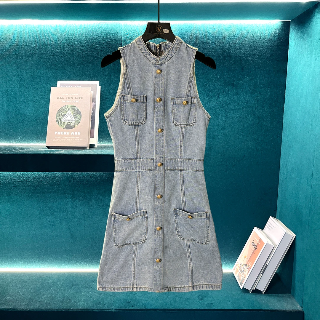 【CENFUN】2025新款无袖牛仔收腰口袋设计连衣裙E10106