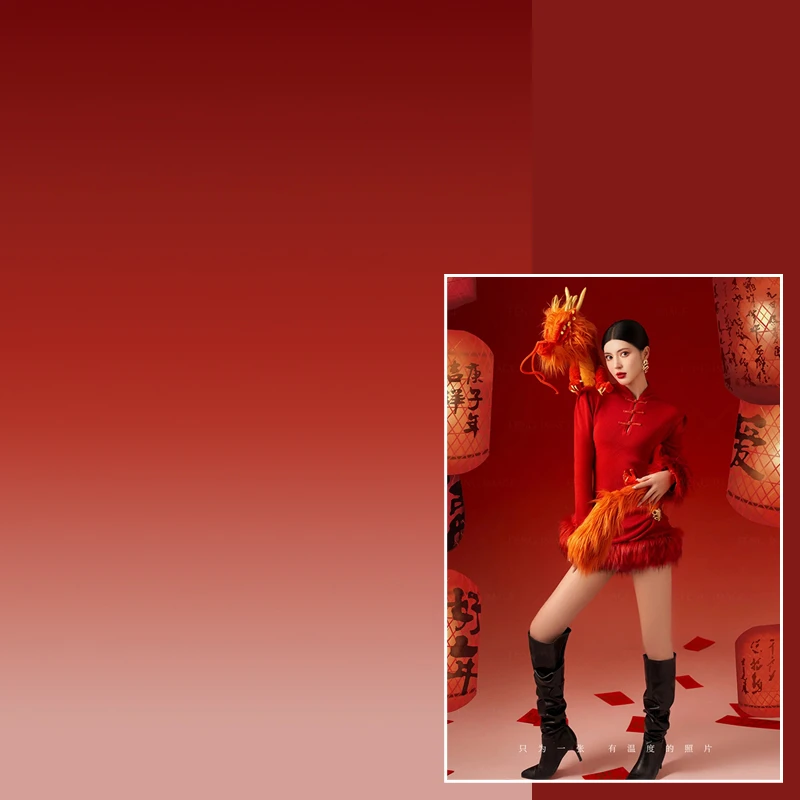 新年红色渐变喜庆少女婚纱写真专业摄影布影棚影楼拍照直播背景纸