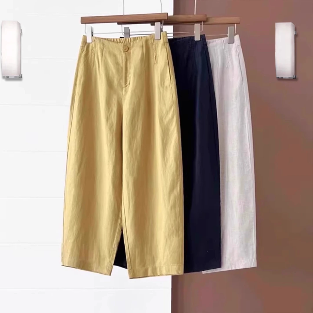 黄色九分气球裤女2025夏季薄款阔腿裤新款后松紧高腰休闲弯刀裤