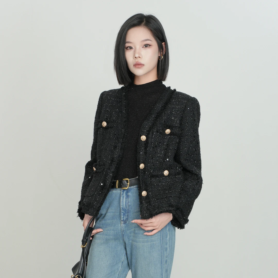 Migaino/曼娅奴女装秋冬新款黑色小香风粗花呢名媛高级感短外套