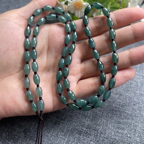 福利款 天然A货翡翠米粒转运珠糯冰蓝水5×8mm编织款项链绳