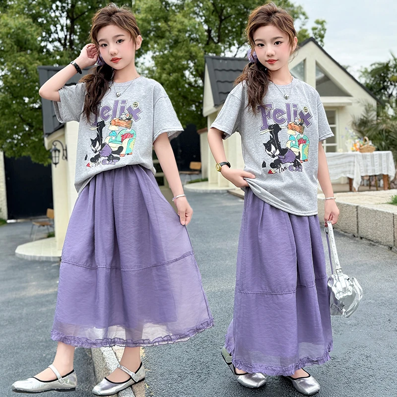 女童套装夏季新款中大童洋气印花短袖半身裙两件套夏装韩版休闲装