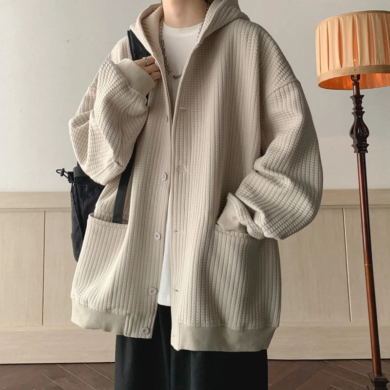 仓石一树男装复古秋冬季华夫格卫衣宽松百搭潮流简约开衫加厚外套