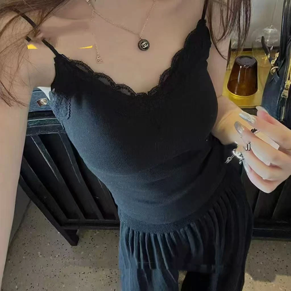 蕾丝V领吊带背心女2025新款遮副乳带胸垫内搭打底修身无袖上衣