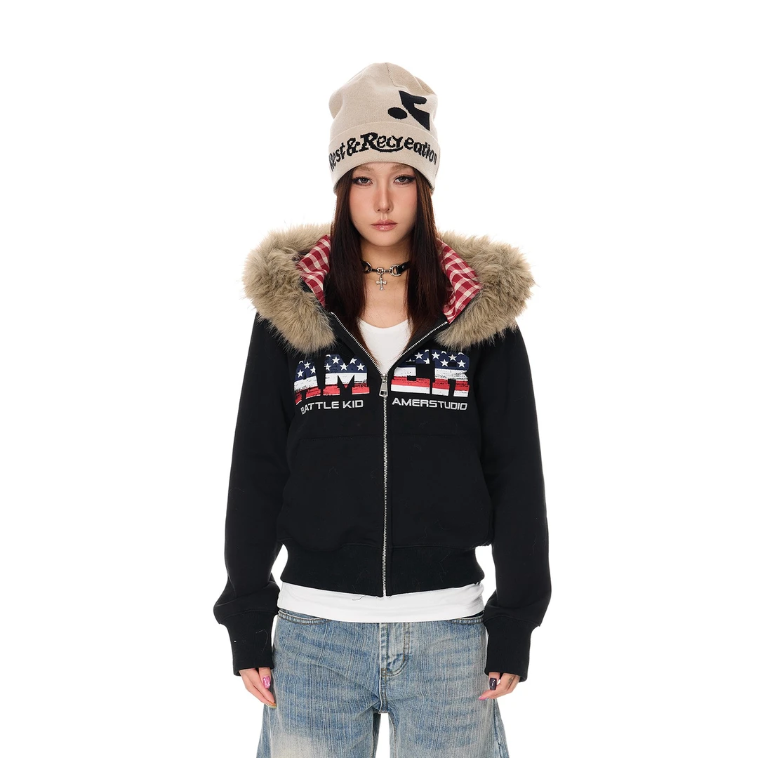 SREK美式复古辣妹字母印花连帽卫衣女秋季新款宽松休闲百搭外套