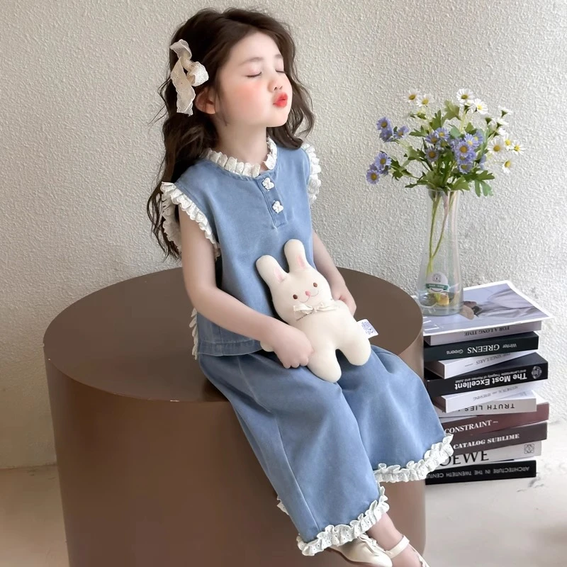 女童小女孩夏季薄款儿童牛仔夏装阔腿裤无袖套装洋气时髦新款女宝
