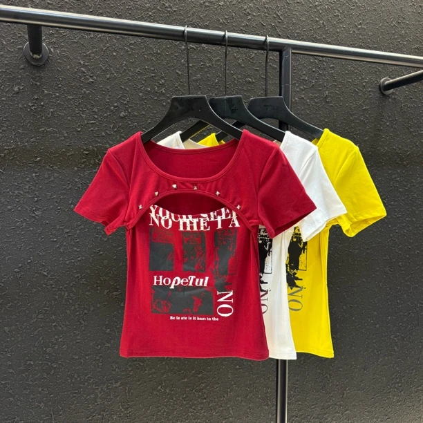 美式辣妹短袖t恤女夏季复古印花字母图修身显瘦百搭短款上衣208#