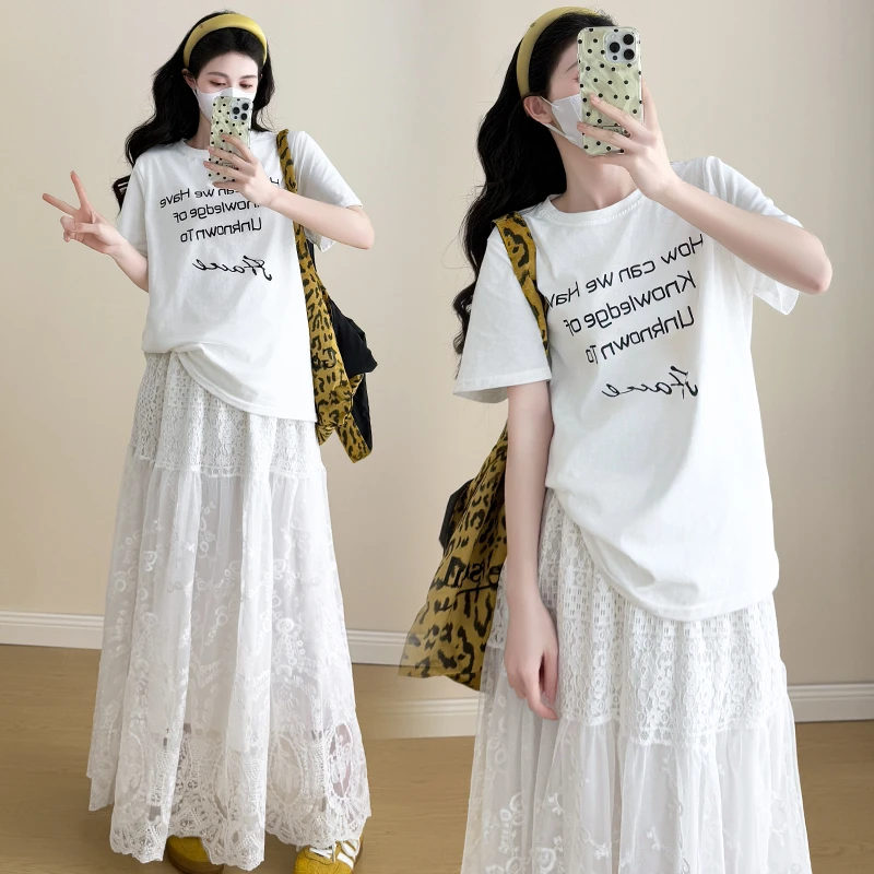【圆圆】孕妇夏季印花T恤时尚百搭宽松抽绳显瘦蕾丝半身裙白色201