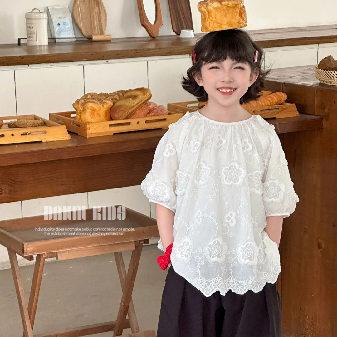 【嗒囜】女童夏装白色绣花蕾丝甜美宽松泡泡短袖衫儿童衣服上衣童装