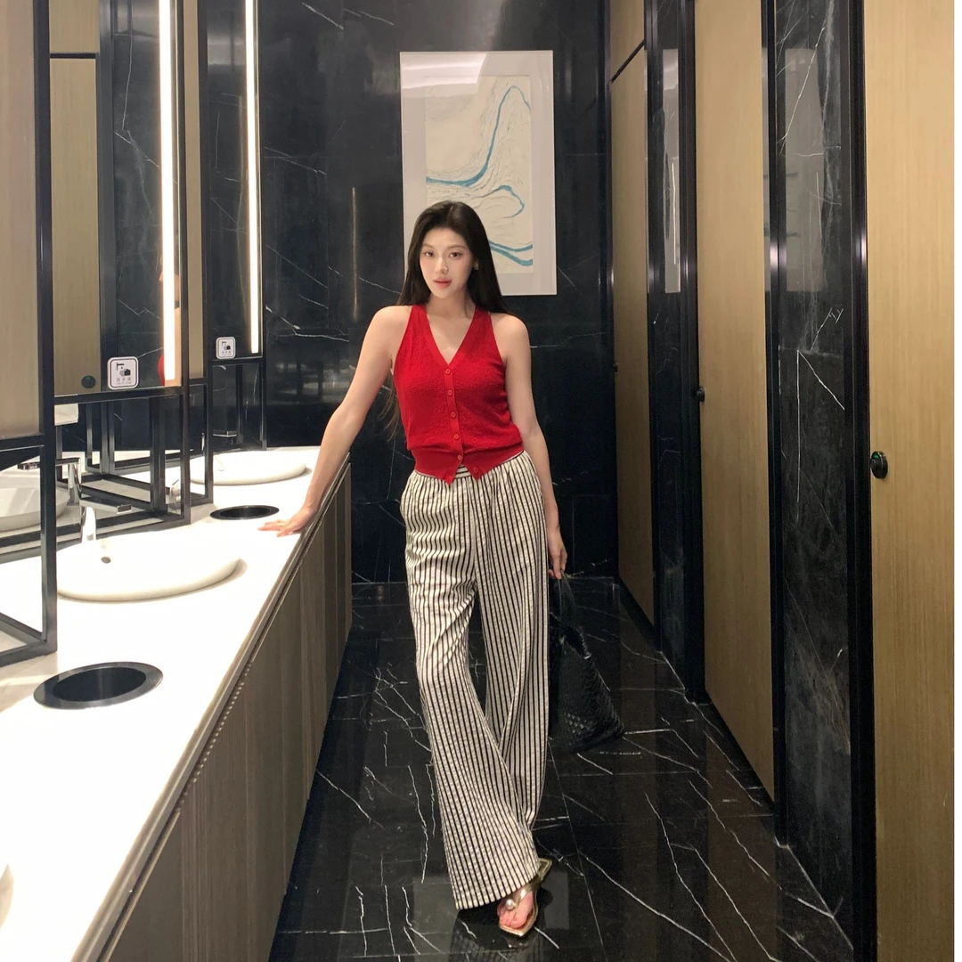 现货 JINY 静一｜【假日条纹】松紧腰休闲裤女遮胯显瘦小众松弛感阔