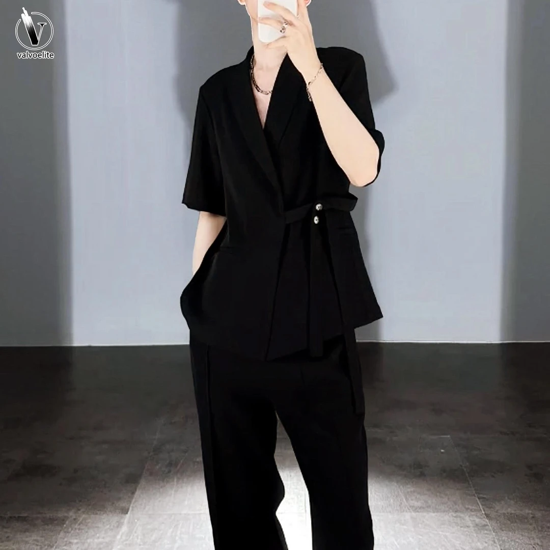 VALVOELITE夏季男西装领衬衫痞帅搭配套装休闲宽松薄款衬衣两件套